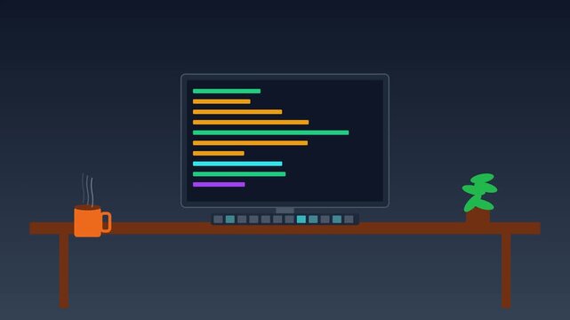 Animated software development coding screen with coffee on desk: programming and web development concept animation 4k