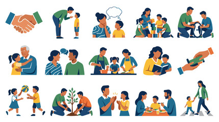 Fototapeta premium Flat Vector Illustrations of Family Lifestyle, Childhood Moments, and Daily Activities. Parenting, Education, and Community Interactions.