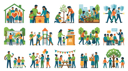 Fototapeta premium Diverse Community Activities Flat Vector Icons: Family, Volunteering, Education, Celebration