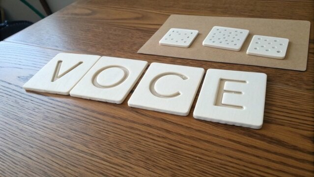 White letters spelling "VOCE" on wooden table with tactile dots for sensory learning and educational activities