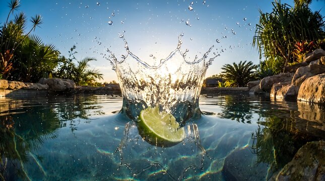 Fresh lime slice falling into swimming pool water creating a beautiful splash with sunset light.