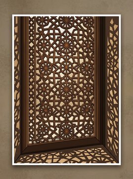 Intricate wooden geometric screen window with casting shadows