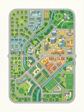 Isometric city map with residential blocks parks and urban roads
