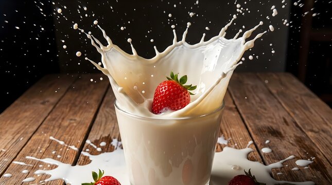 Fresh strawberry falling into a glass of milk creating a dynamic splash on a rustic wooden table.