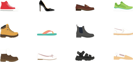 Obraz premium Footwear Fashion and Casual Shoes Icon Set with Sneakers High Heels Boots Loafers Sandals and Trainers Symbols for Clothing Retail E-commerce Website