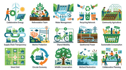 Fototapeta premium Flat Vector Illustration Set of Environmental Sustainability and Green Energy Concepts Icons