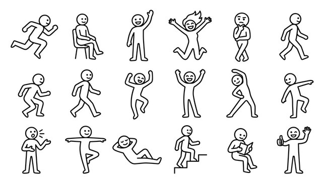 Large set of stickman character poses including exercise work and relaxation activities.