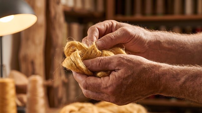 Artisan craftsman hands working with natural golden raw silk fibers in a workshop.