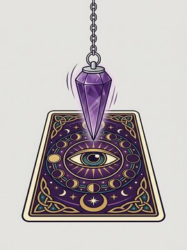 Purple crystal pendulum swinging over a mystical eye tarot card
