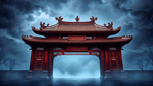 Ancient Red Chinese Gate in Rain Storm with Dark Dramatic Sky Digital Art