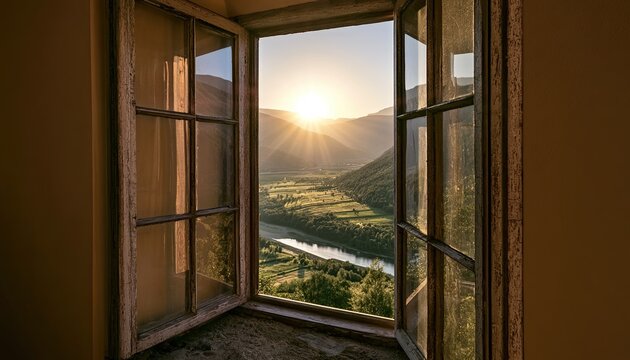 Sunbeams stream through an open window onto a tranquil valley