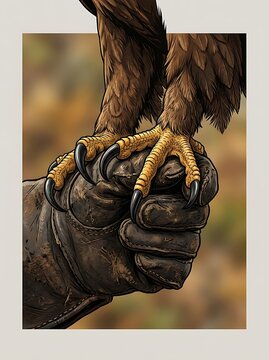 Eagle talons perched on a weathered falconer leather glove