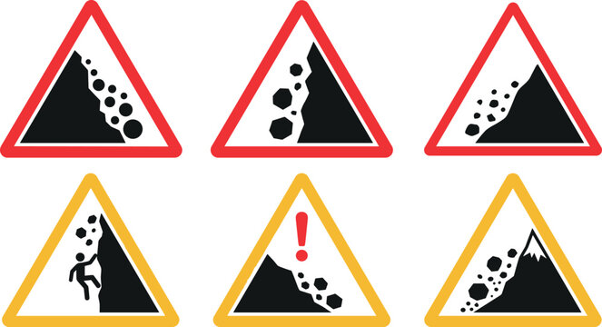Landslide and rockfall hazard warning signs collection featuring red and yellow triangular caution symbols