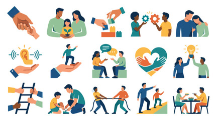 Fototapeta premium Flat Vector Illustration Set of People and Hands Symbolizing Social Support, Teamwork, Community, and Communication Concepts
