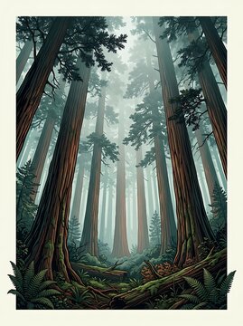 Towering redwood trees in a misty forest with lush ferns