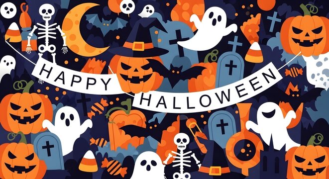 Happy halloween festive spooky illustration with pumpkins ghosts and skeletons for celebrations