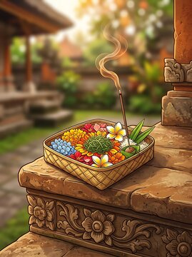 Traditional balinese flower offering with burning incense on stone