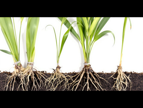 Grass plant roots and shoots isolated on white. Botanical anatomy of monocotyledon with soil clinging to fibrous root system.
