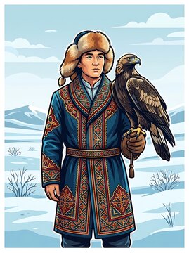 Central asian falconer in traditional robes with golden eagle