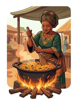 African woman stirring stew in large pot over wood fire at a market
