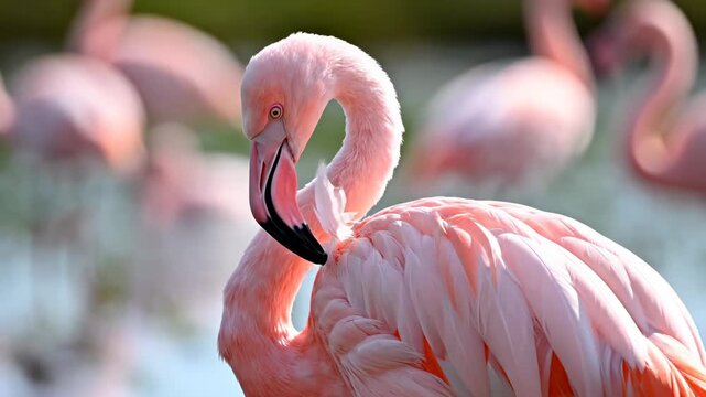A vibrant pink flamingo stands gracefully within a sunny wetland habitat as the graceful bird rests its long neck while preening soft feathers in the golden warm light of a peaceful afternoon