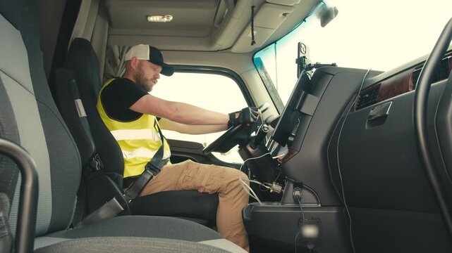 Exhausted truck driver falling asleep at the wheel