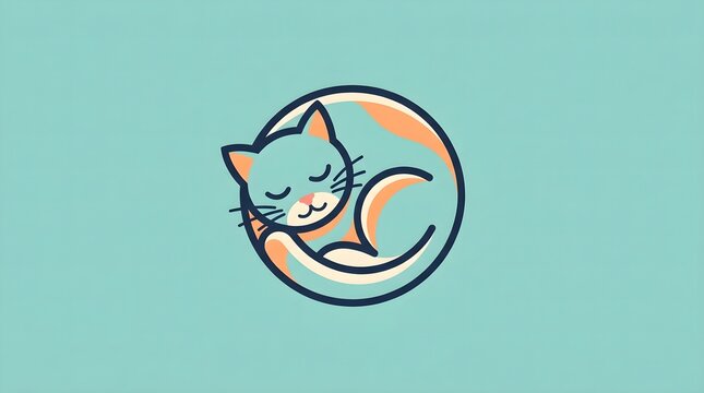 Minimalist logo design featuring a cute sleeping cat in circle