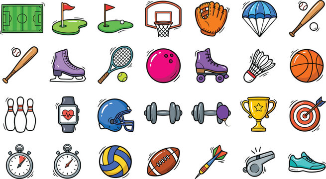 Colorful Hand Drawn Sports Equipment Doodle Vector Icon Set Featuring Football, Basketball, Tennis, Bowling, Fitness Gear, and Championship Trophy Symbols