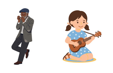 Elderly Man Playing Harmonica and Little Girl Playing Ukulele Illustration Set