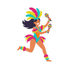 Fototapeta premium Joyful Brazilian Carnival Dancer Character Wearing Colorful Feathered Costume Playing Maracas for Festival Celebration