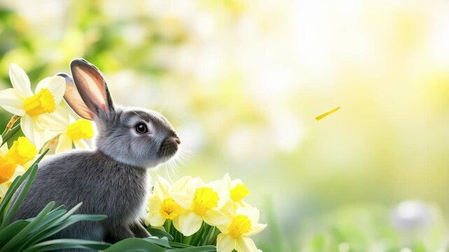 Adorable baby bunny sits among bright yellow daffodils in soft morning sunlight