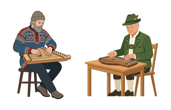 Illustration of an elderly Scandinavian musician playing a kantele and a traditional Bavarian folk musician playing a zither