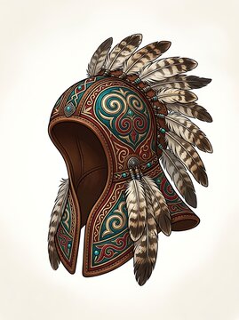 Ornate tribal leather hood decorated with feathers and turquoise