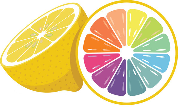 Fresh Lemon Slice Vector Illustration Featuring Rainbow Colored Citrus Segments for Creative Summer Juice Branding and Fresh Fruit Food Graphic Designs