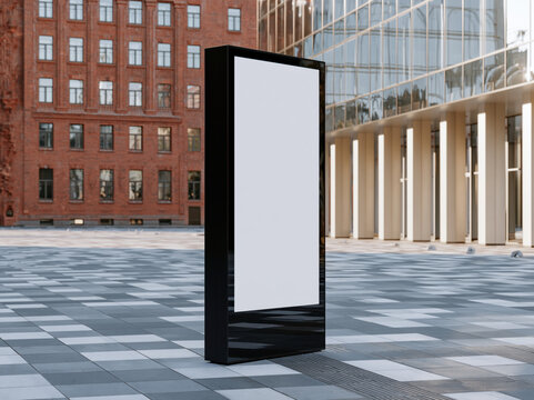 Digital display black display vertical display blank screen outdoor display urban plaza modern building glass facade brick building advertising panel sign board tall sign empty screen city square