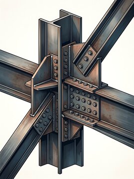 Structural steel beam connection with bolts and gusset plates