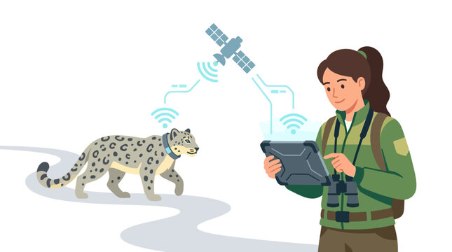 Female environmentalist tracking endangered snow leopard using satellite technology flat design vector illustration