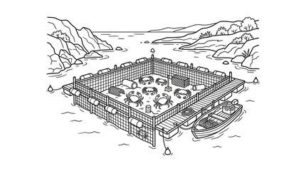 Clean Black and White of Aquaculture Floating Crab Farm Structure with Crabs and Boats with high quality professional line art symbols for modern creative design and digital branding projects © MUBAKIR