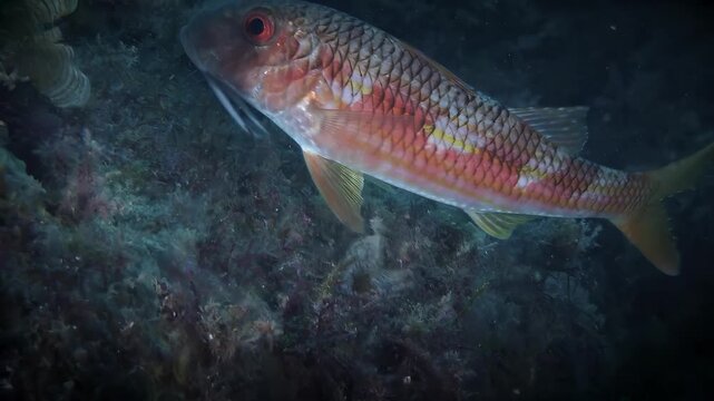 Red mullet fish with barbels exploring the seabed in clear blue ocean water