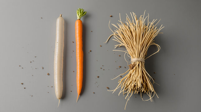 Taproot vs fibrous root plant comparison. Botanical study of vegetable root systems.