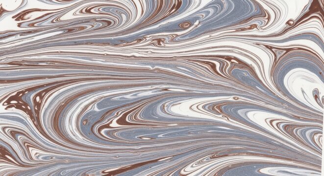 Abstract marbled paper texture with swirling patterns of white, slate blue, and earthy brown liquid paint colors