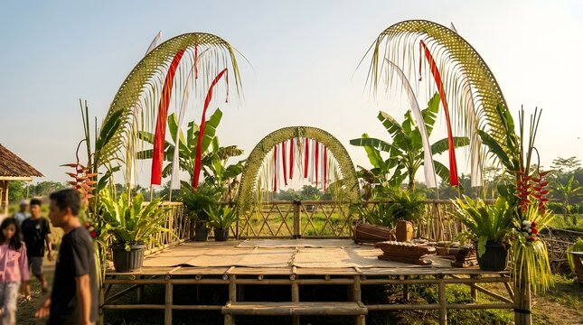 Decorative Circular Archway Made of Palm Fronds and Red Ribbons at Outdoor Stage