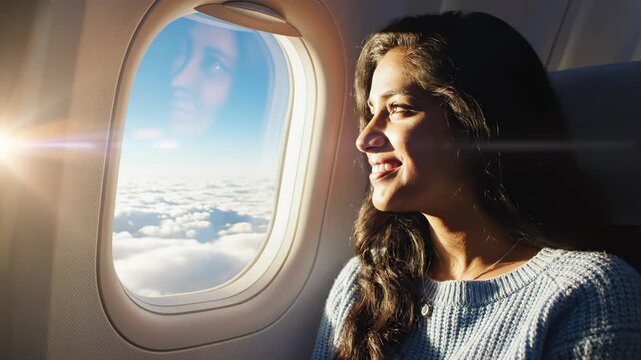 Woman Smiling at Airplane Window View. Suitable for travel advertisement videos, flight experience commercials, vacation excitement content, and airline branding footage.