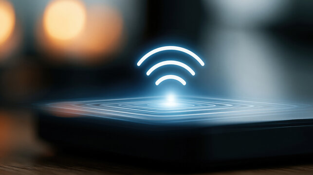 Wireless router with glowing wifi signal hologram, dark blurred background, close up, technology concept, home network