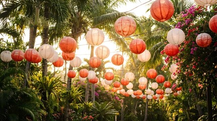 Obraz premium Colorful Paper Lanterns Hanging Over Lush Tropical Garden