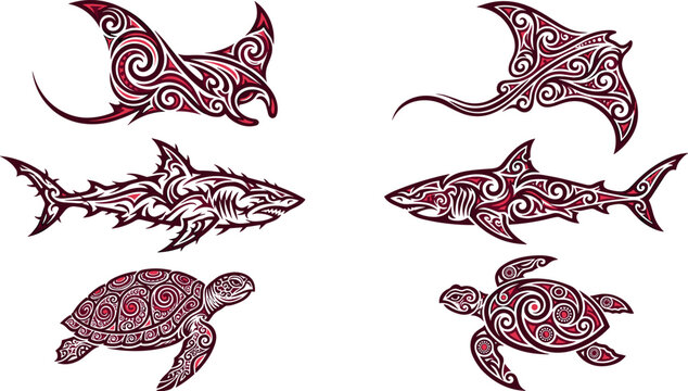 Tribal sea life vector set featuring detailed polynesian style sharks stingrays and sea turtles in dark red and black