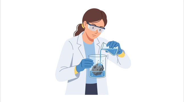 Female geologist conducting mineral analysis by pouring liquid over rock specimen flat design vector illustration