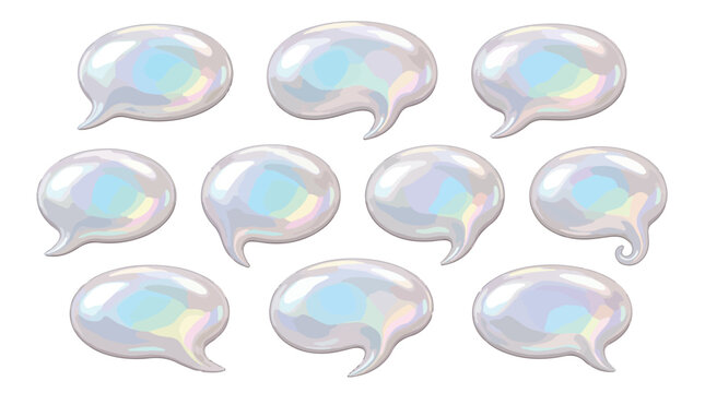 Holographic 3D speech bubble set, iridescent pearl chat icons, 10 glossy talk cloud vector elements for social media and messaging UI isolated PNG with Transparent Background