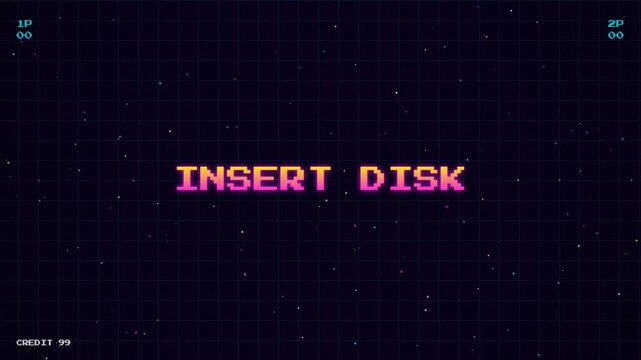 Retro 8bit Arcade Game Screen Displaying Insert Disk and Press Start Prompt