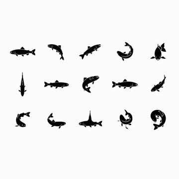 Trout and salmon fish silhouettes vector set jumping and swimming isolated on white background